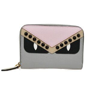 FENDI Logo Bugs Monster Compact Zip Around Wallet Leather Studs Gray